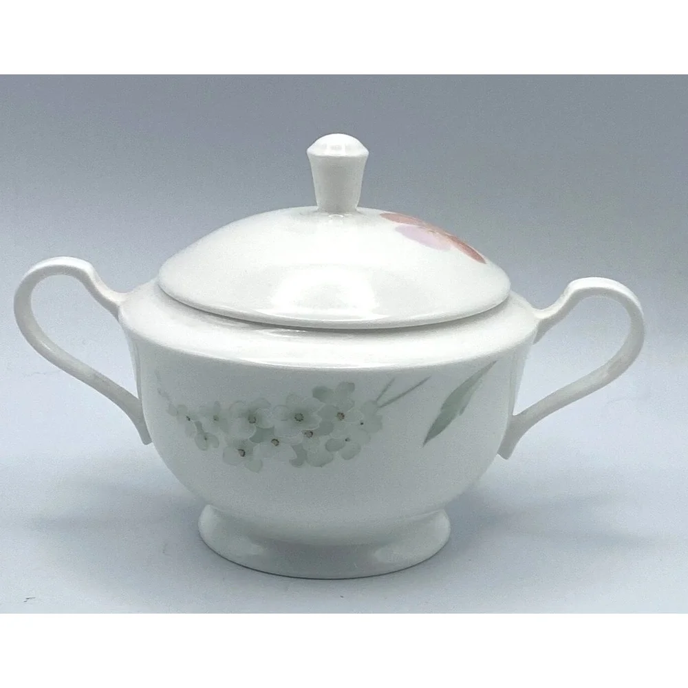 Mikasa Just Love Sugar Bowl w/ Lid Orange Pink Flowers Handles Bone China CAH15‎